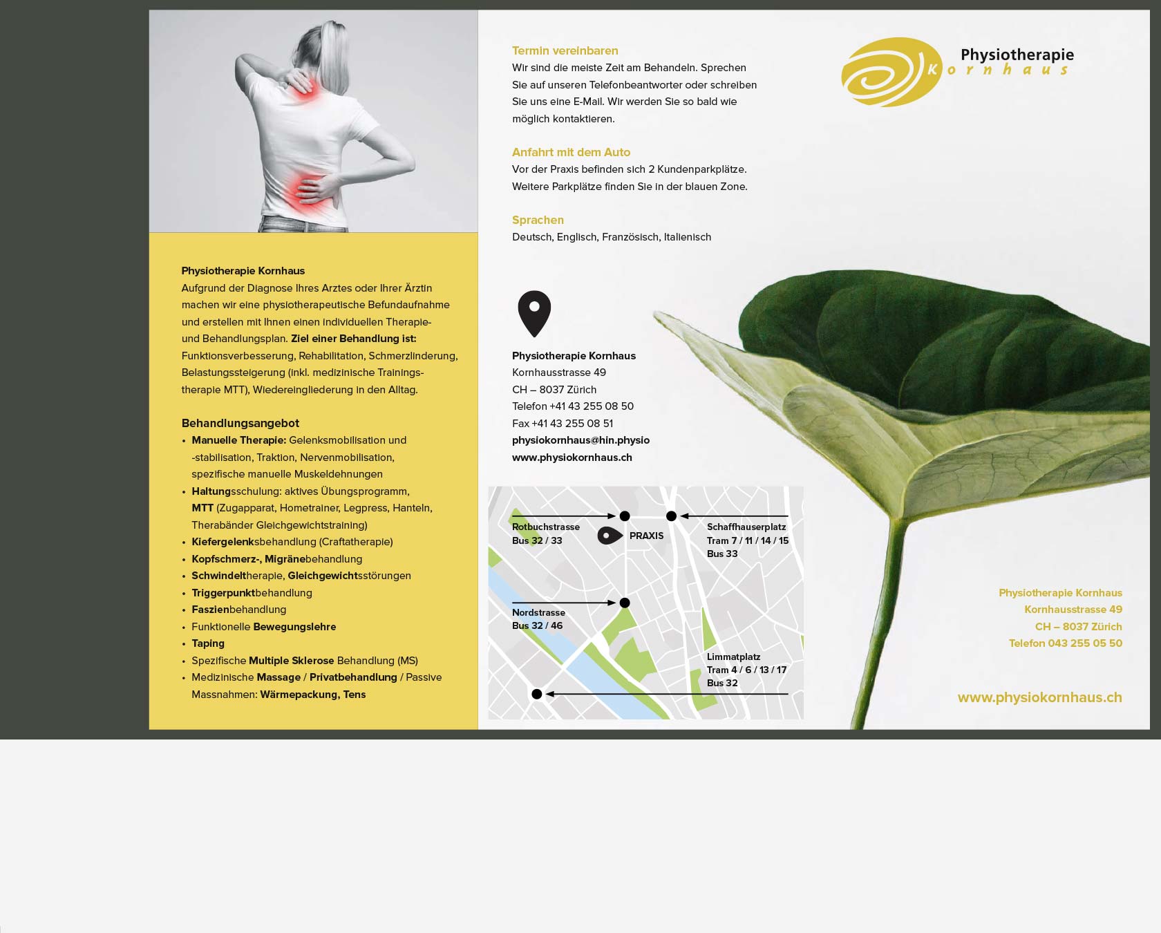 Flyer Grafikdesign - Physiotherapie Kornhaus, Corinne Ammann, Zürich