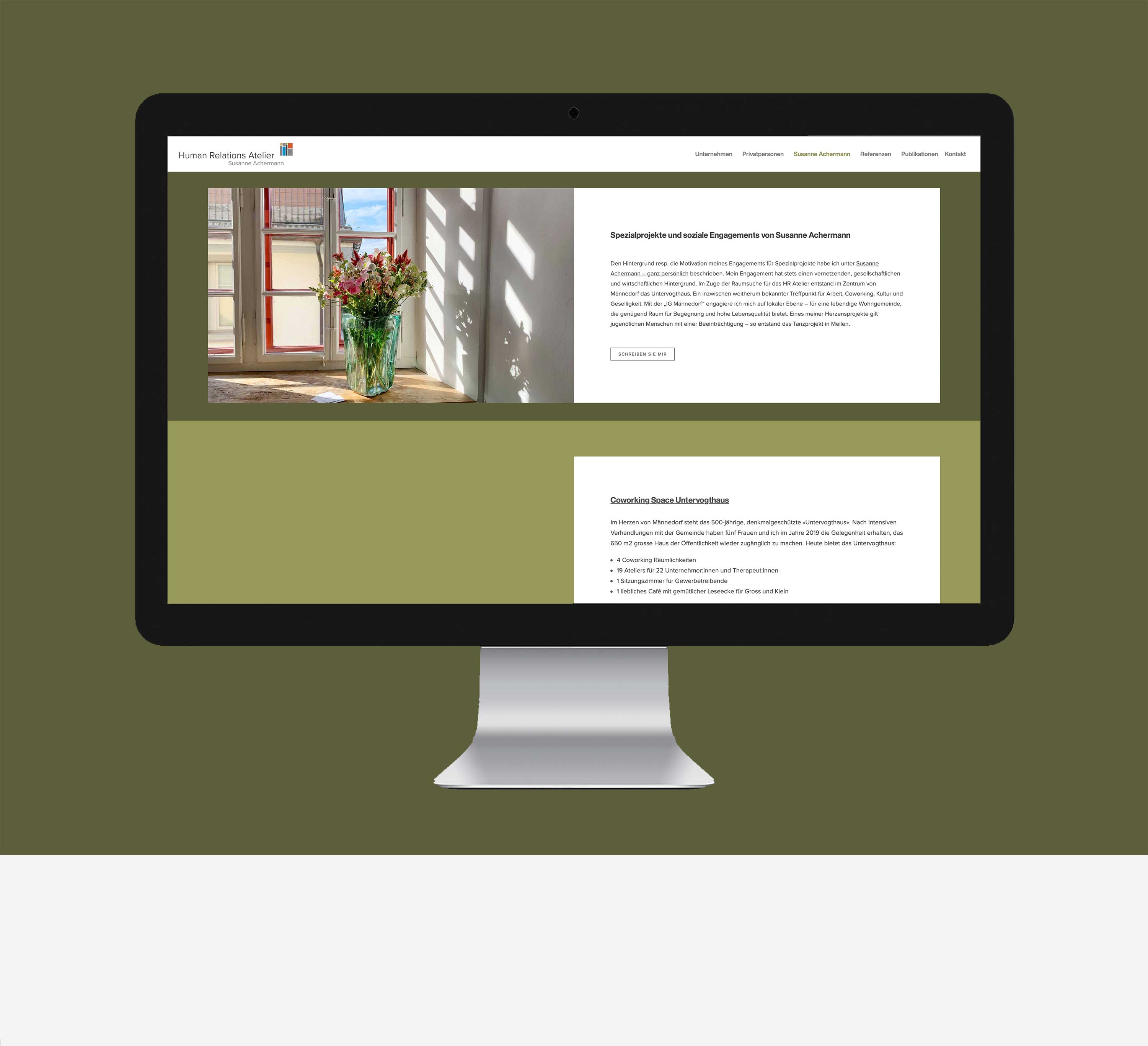Seite Angebote - Seite Kontakt - Webdesign für HR Atelier - Susanne Ackermann Männedorf